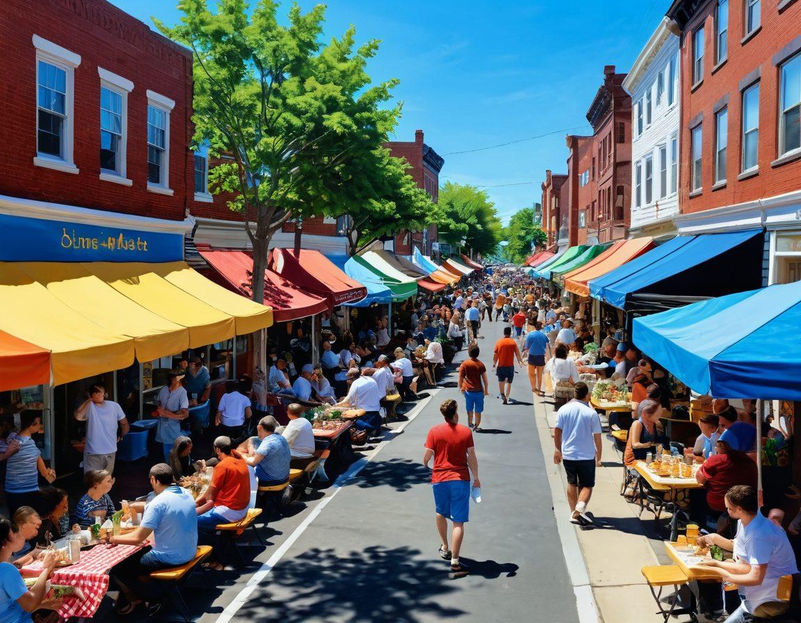 A lively street scene in Somerville filled with diverse people enjoying various community events, including musicians playing, families picnicking, colorful market stalls, and artists painting. The atmosphere is vibrant and joyful, showcasing the spirit of togetherness and happiness. Bright sunshine and blue skies enhance the cheerful ambiance. super-realistic. vibrant colors. 3D.