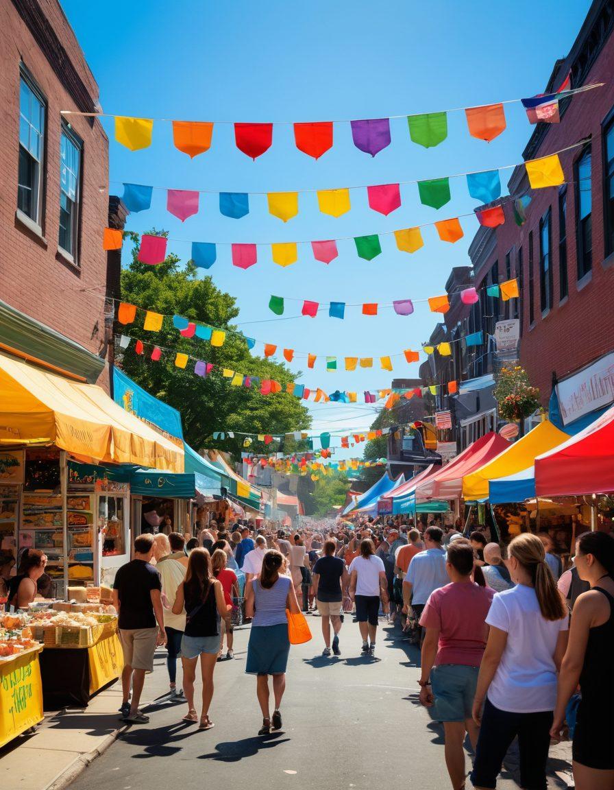 A bustling street scene in Somerville filled with diverse groups of people joyfully engaging in local events, colorful banners hanging overhead, food stalls with delicious treats, children playing, and artists showcasing their work. Lively music notes float through the air, and smiles radiate from the crowd, creating a warm and inviting atmosphere. super-realistic. vibrant colors. dynamic composition.