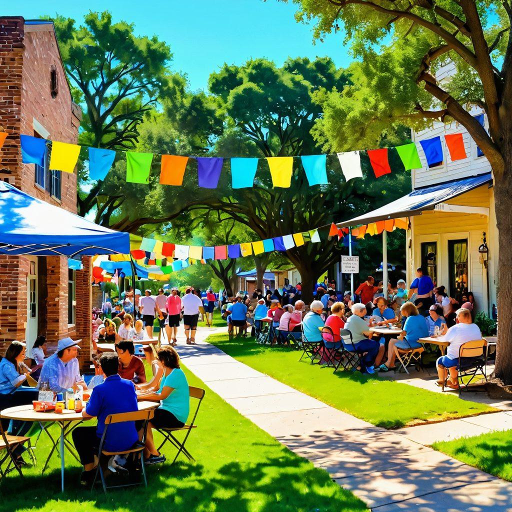 A serene community scene in Somerville TX, showcasing diverse families enjoying a vibrant outdoor festival, with colorful banners and heartwarming interactions, a backdrop of quaint buildings and lush greenery, children playing and neighbors chatting happily. bright colors. super-realistic. warm atmosphere.